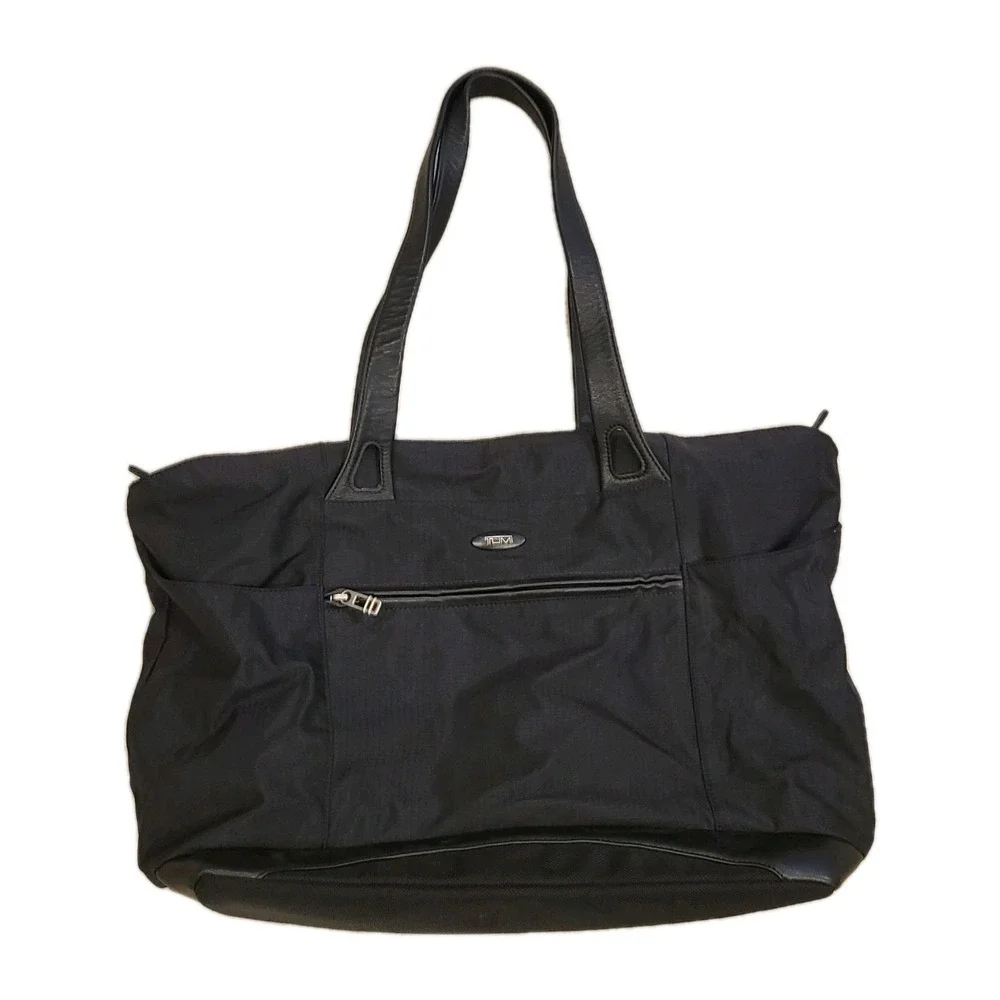 Tumi Black Nylon Tote Bag Travel Carry On‎ Shoulder Bag Zip Top Leather Trim